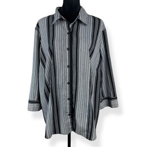 Notations Top Womens Plus 2X Striped Button Up Blouse Black Gray Work Office